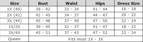 Adult Plus Size Costume - Size Chart