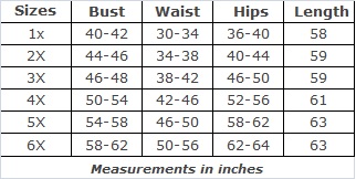 Plus Size Clothing Size Chart for SWAK Pretty Maxi Dress